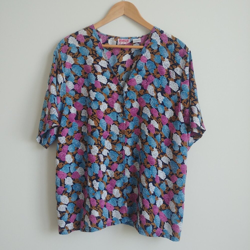 Vintage HER casual button down short sleeve blouse top silky purple blue XL